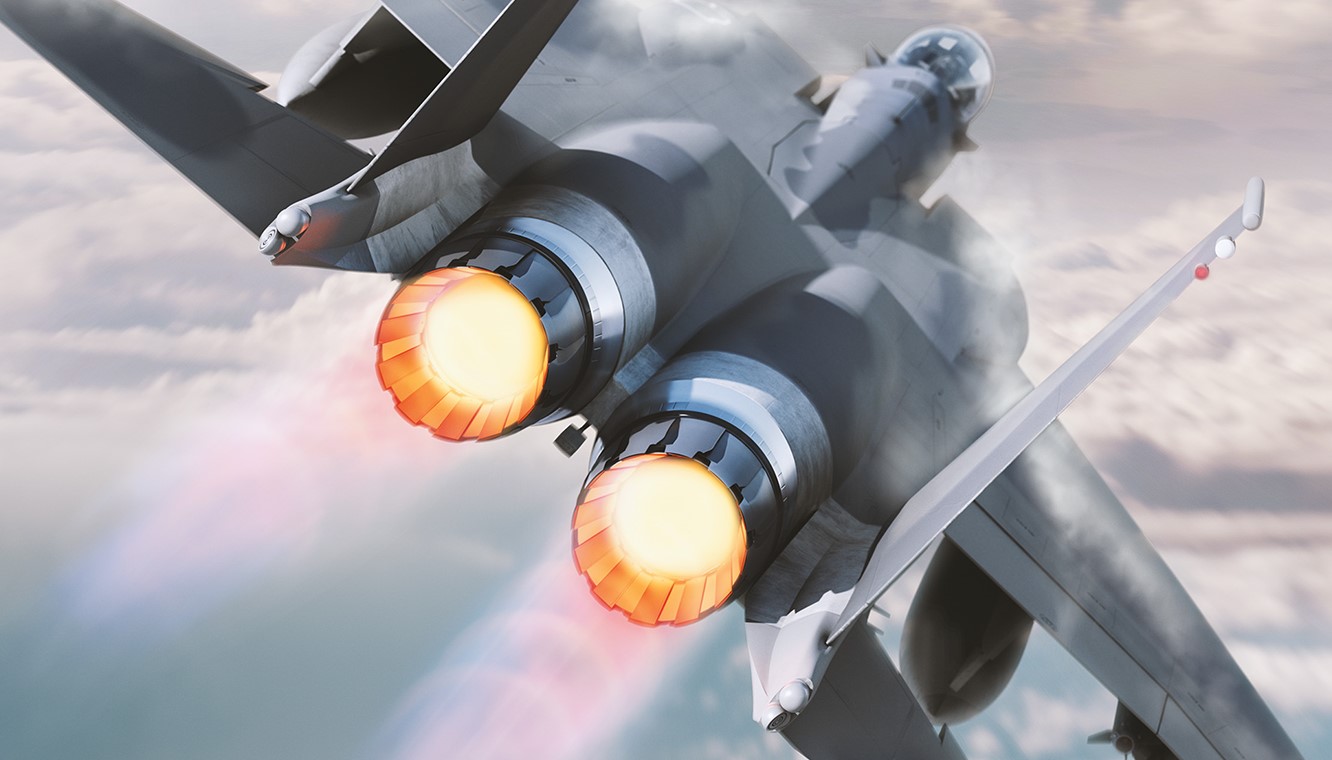 A rendering of an F-15EX looking directly at its two F110 engines